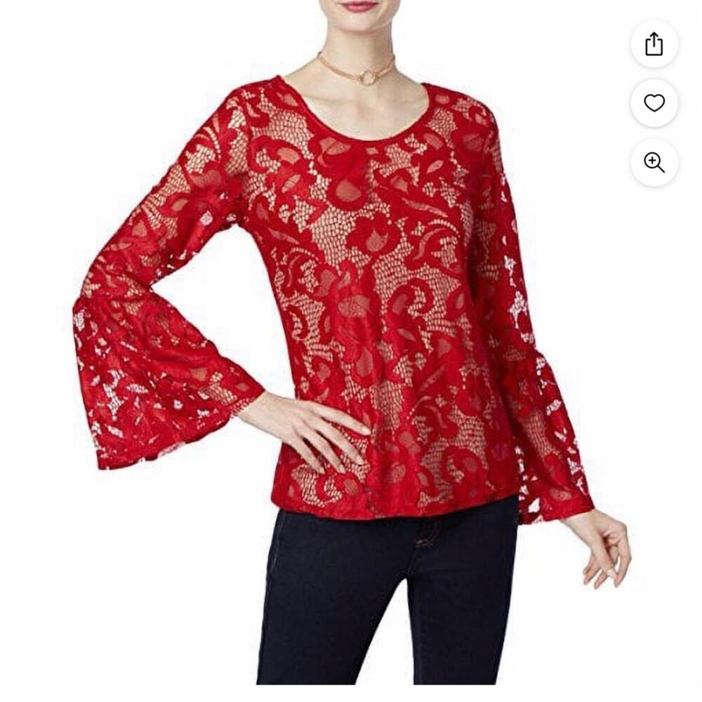 INC International Concepts Red Lace Nude Lined Top Bell Sleeves Scoop Neckline - Picture 2 of 16